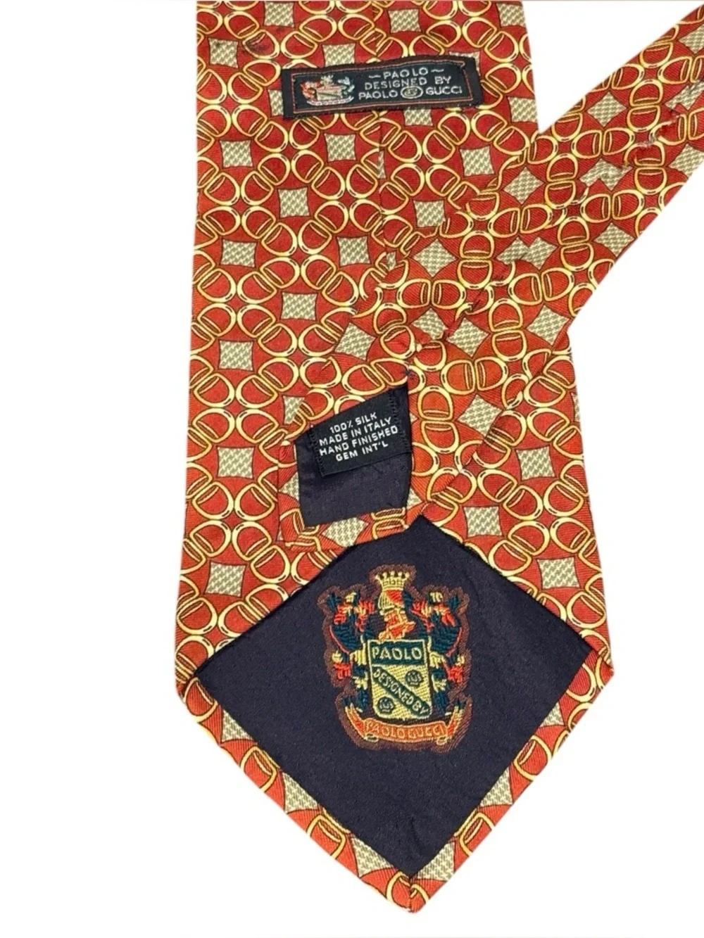 Paolo Gucci Vintage Silk Tie Rust Gold Ring Link Geometric Italy Crest Lining